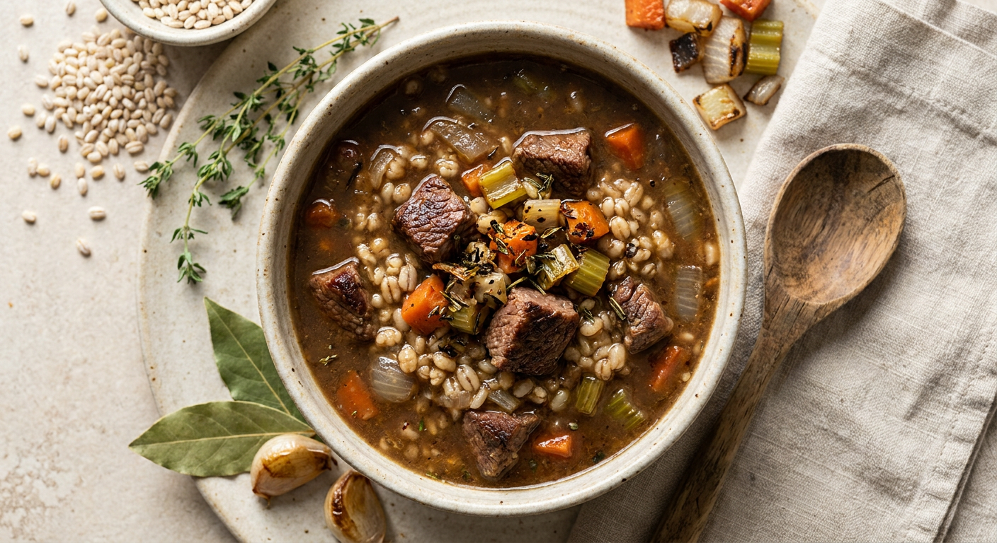 Rich and Hearty Beef Barley Soup with Toasted Aromatics