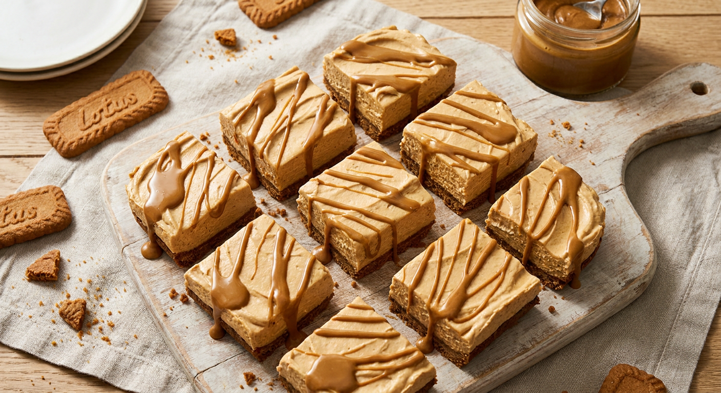 Creamy No-Bake Biscoff Cheesecake Bars with Cookie Butter Glaze