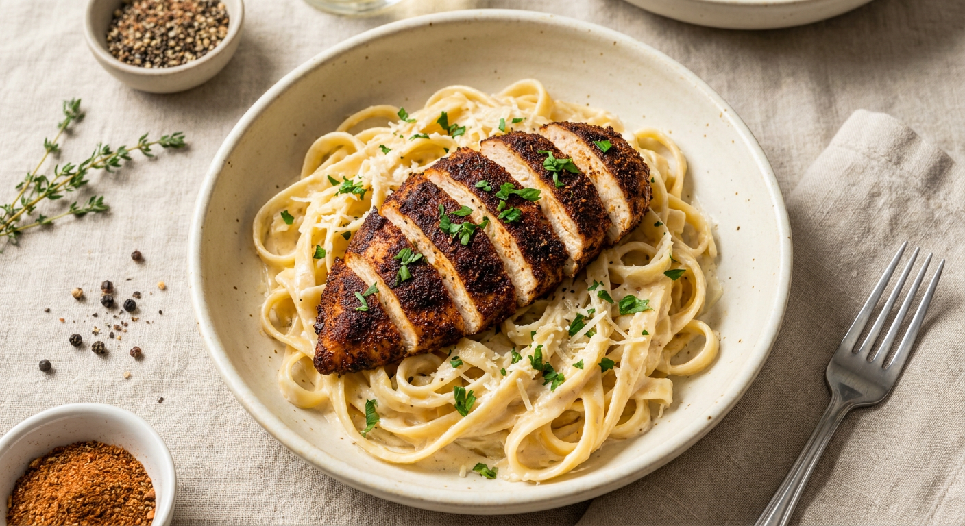 Blackened Chicken Alfredo with Homemade Cajun Spice
