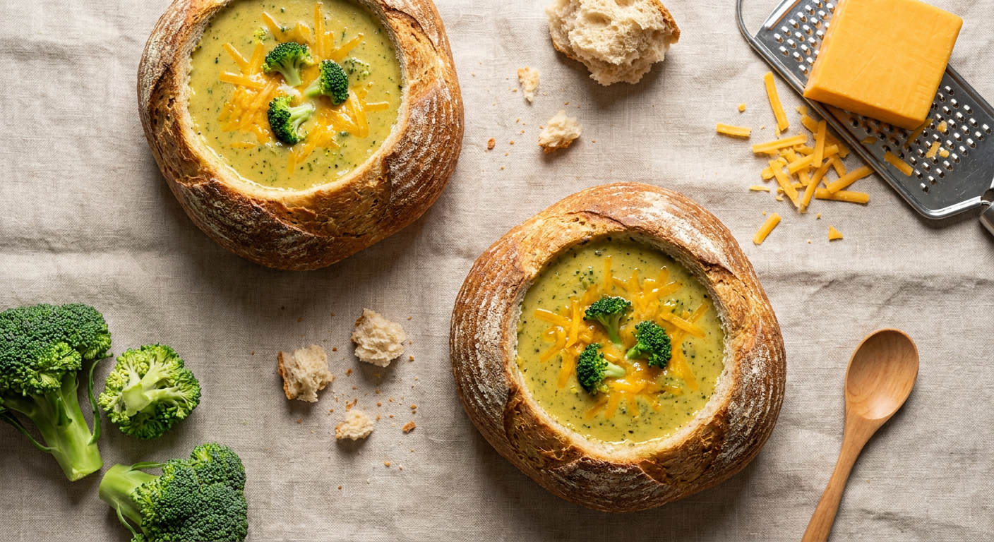 Creamy Broccoli Cheddar Soup in Sourdough Bread Bowls