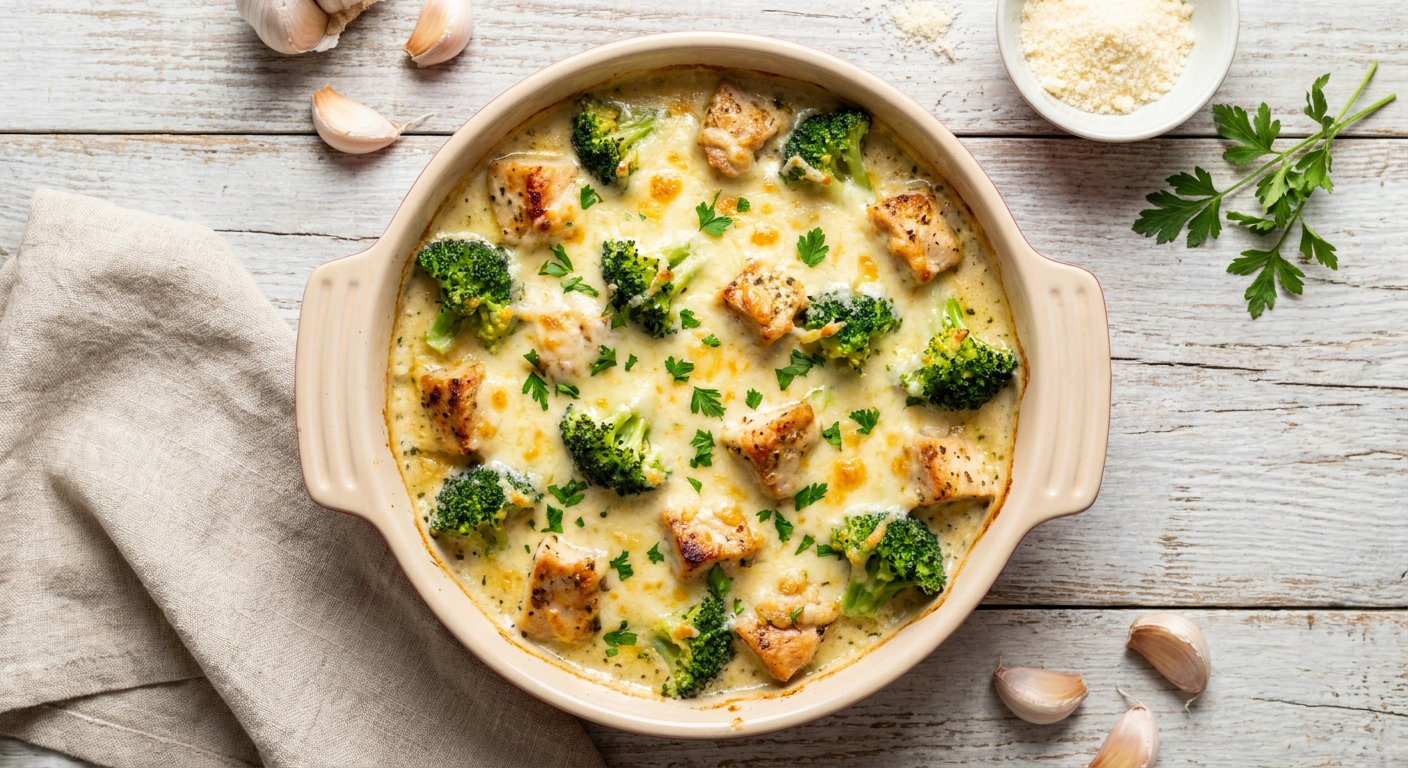 Easy Chicken and Broccoli Alfredo Bake with Garlic
