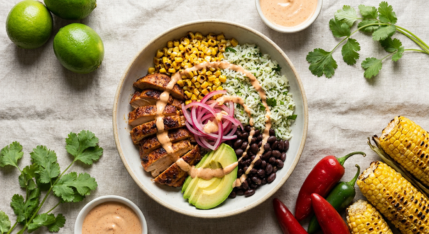 Adobo Chicken Burrito Bowl with Charred Corn and Crema