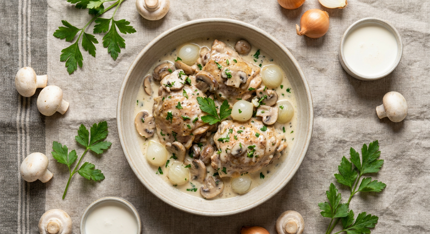 Classic Chicken Fricassee Recipe: Silky Creamy Braised Chicken