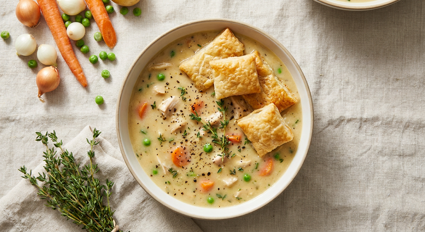 Creamy Chicken Pot Pie Soup with Puff Pastry Crackers