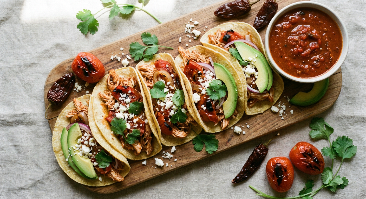 Smoky Chicken Tinga Tacos with Fire-Roasted Tomato Sauce