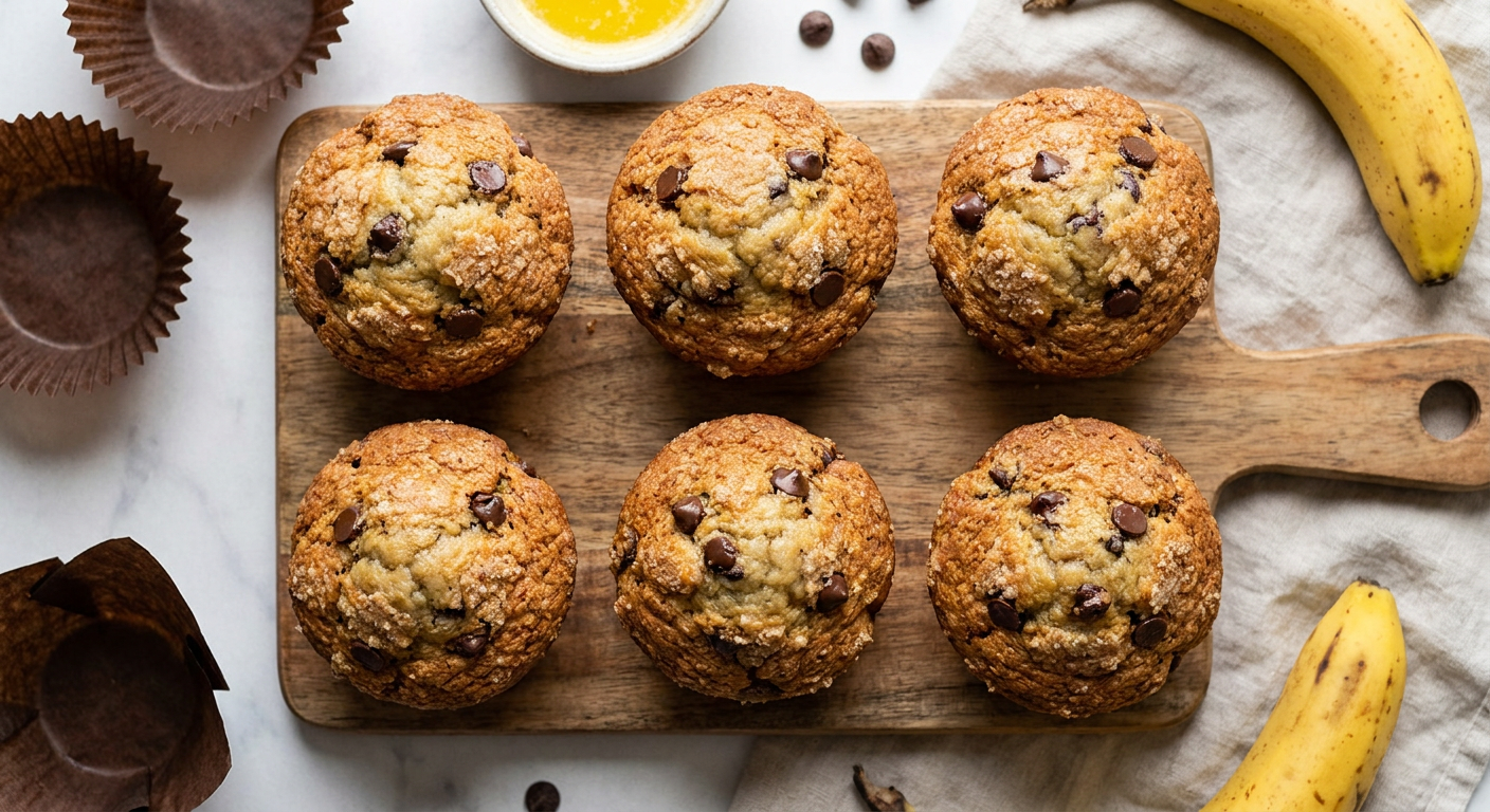 Bakery Style Chocolate Chip Banana Muffins with Brown Butter