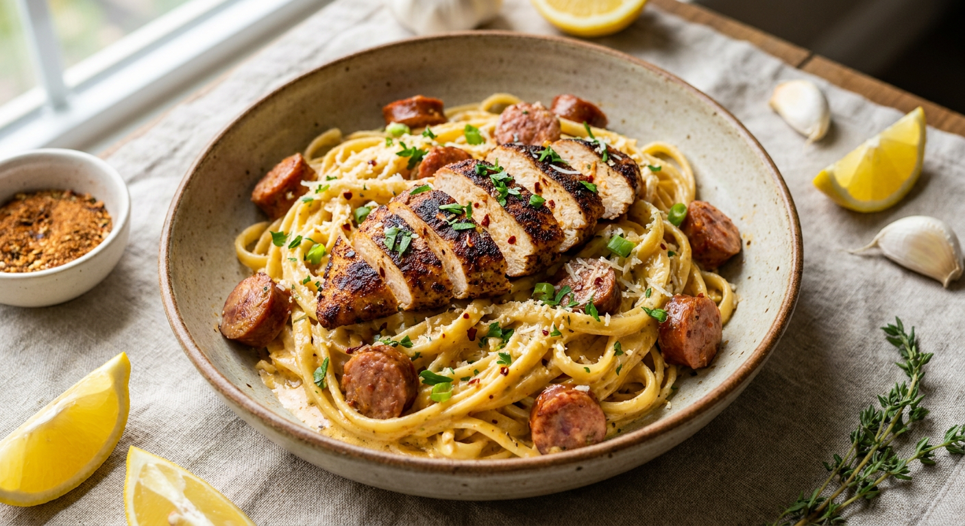 Creamy Cajun Chicken Pasta with Blackened Chicken & Andouille