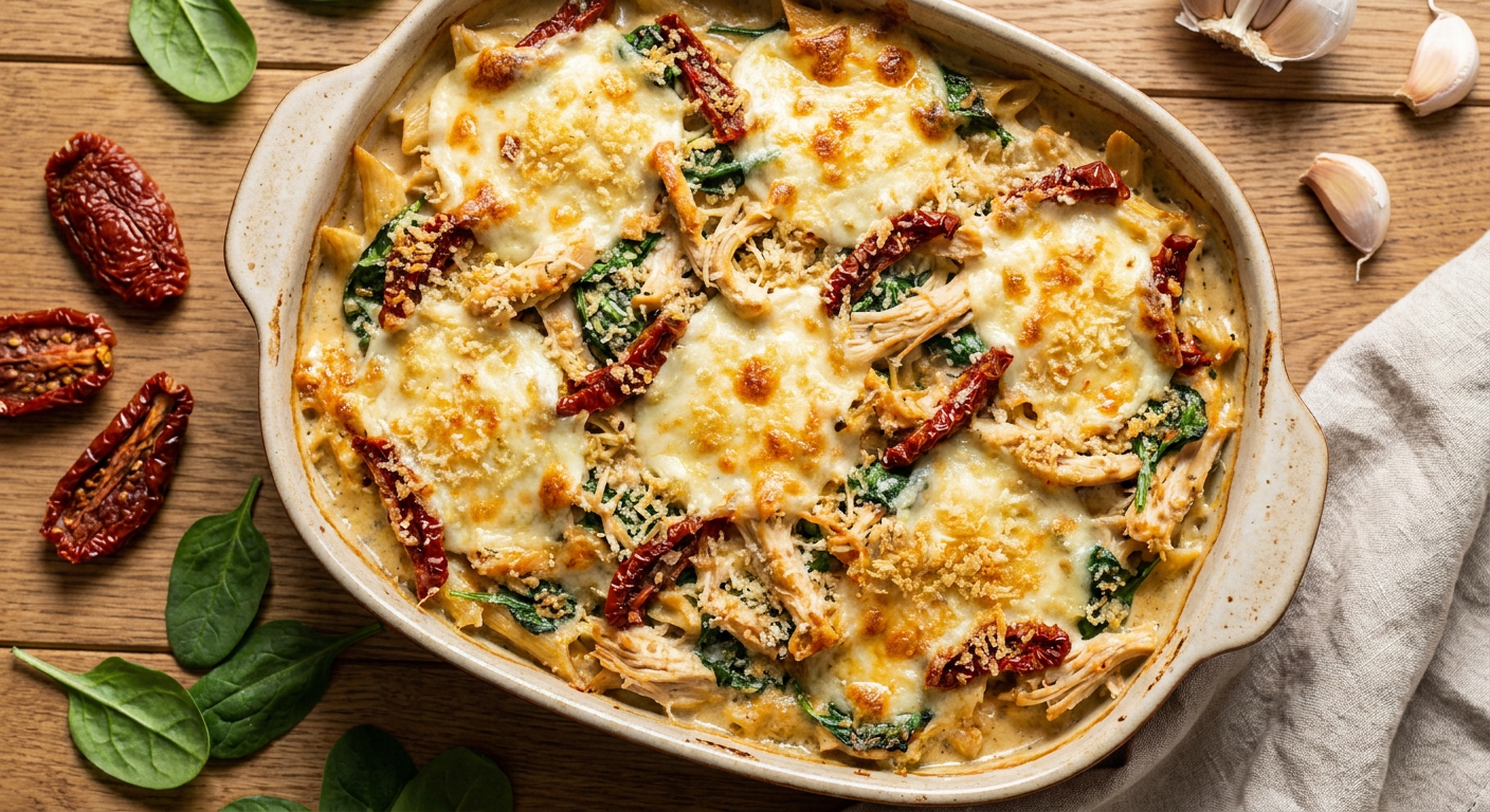 Creamy Tuscan Chicken Pasta Bake with Sun-Dried Tomatoes
