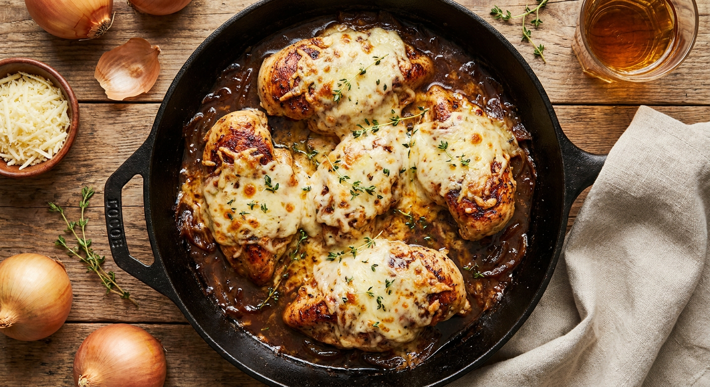 Skillet French Onion Chicken with Gruyère and Sherry