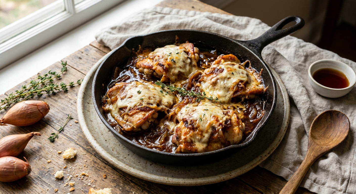 Skillet French Onion Chicken with Gruyère and Sherry