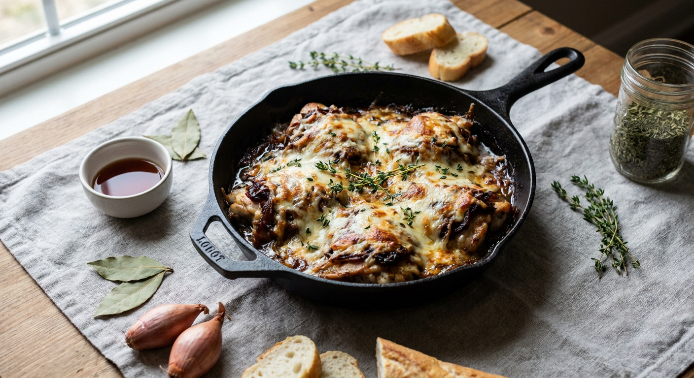 Skillet French Onion Chicken with Gruyère and Sherry