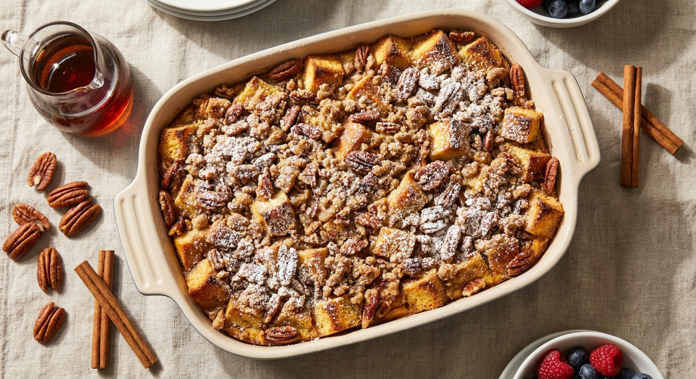 Overnight French Toast Casserole with Pecan Streusel
