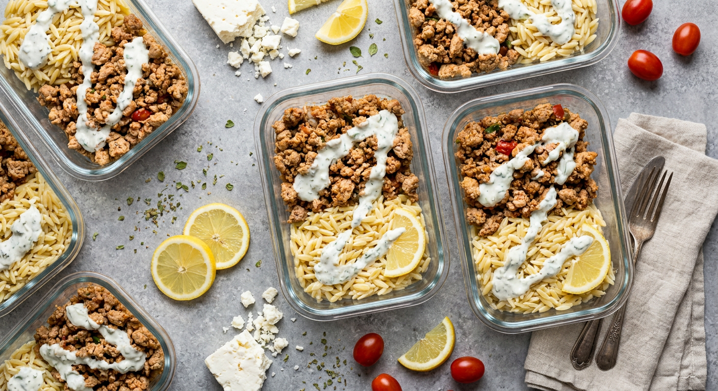 Ground Turkey Meal Prep with Greek Orzo and Feta Sauce
