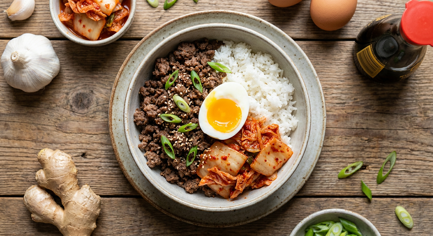 Easy Korean Ground Beef Bowl with Kimchi and Egg