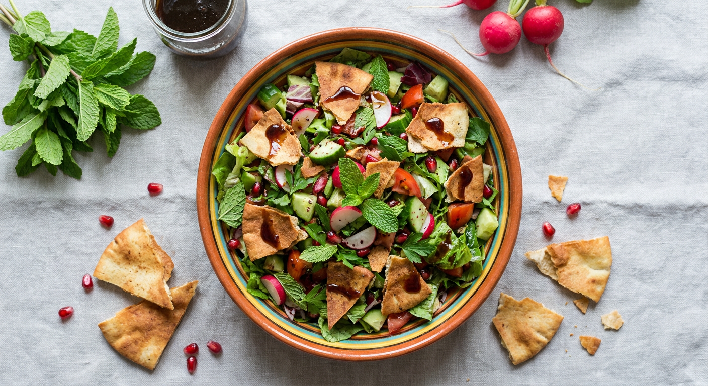 Authentic Lebanese Fattoush Salad with Crispy Pita
