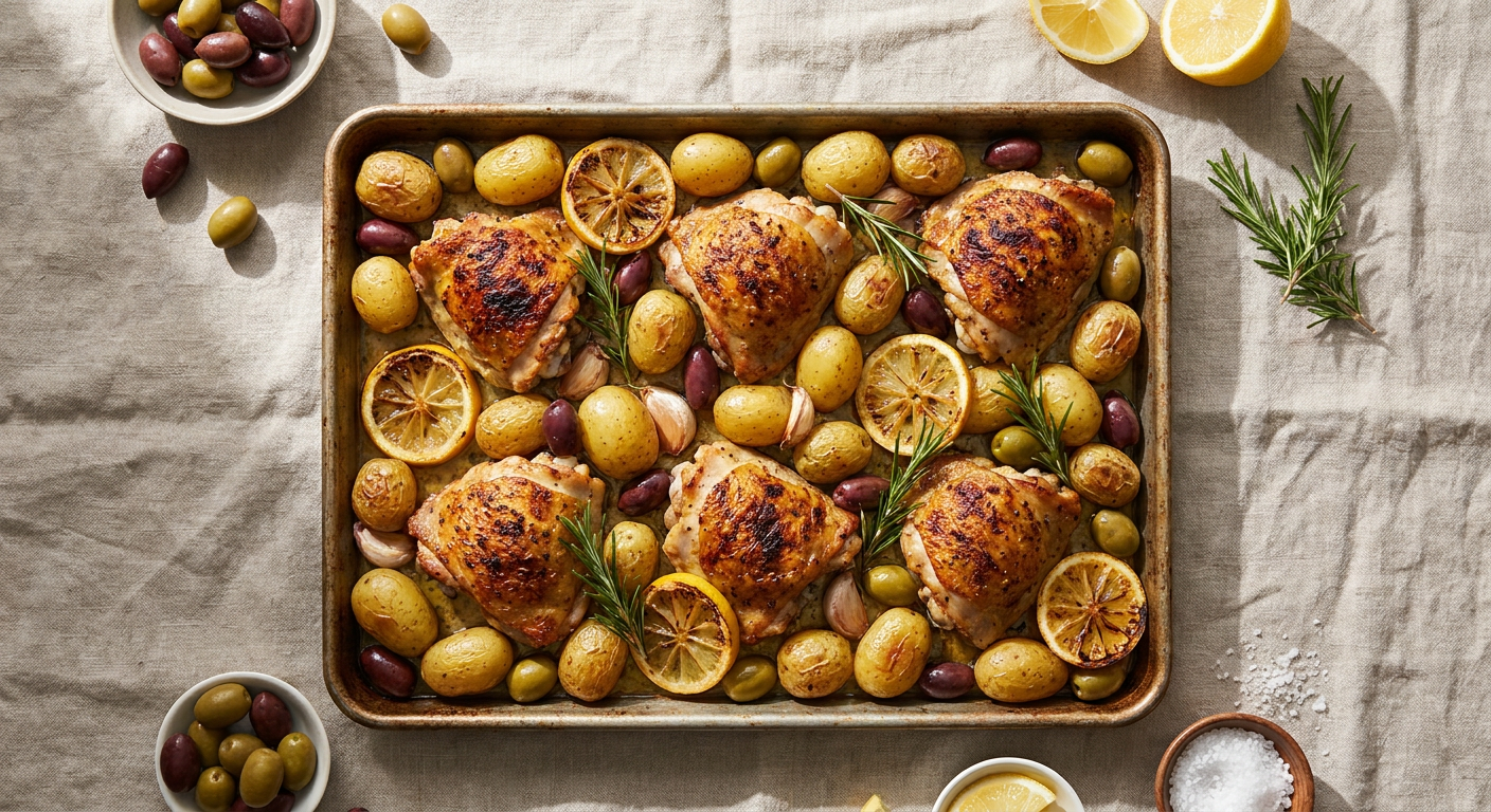 One Pan Chicken Thighs and Potatoes with Lemon and Olives