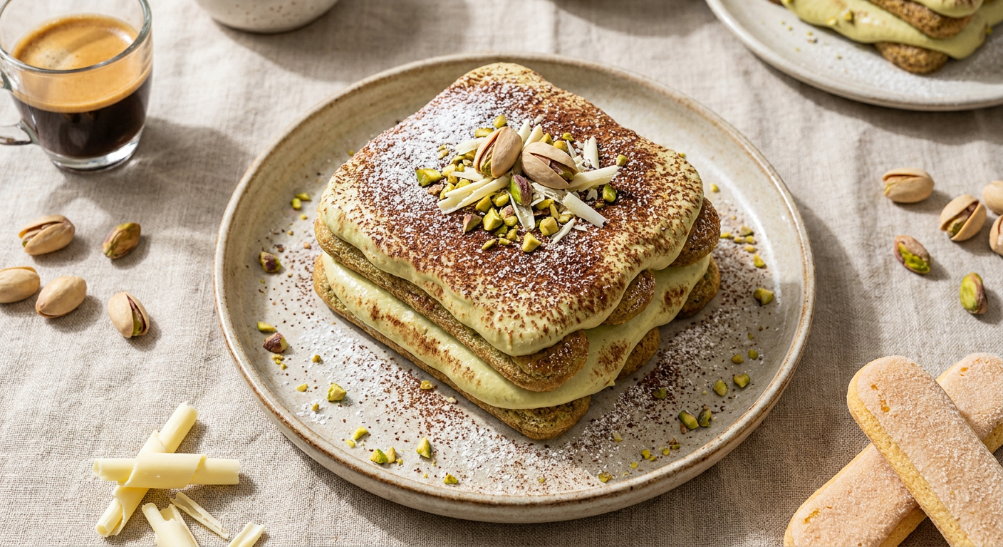 Creamy Pistachio Tiramisu with White Chocolate