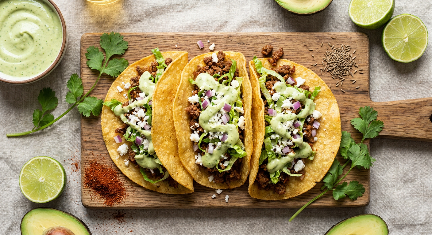 Quick Beef Tacos with Crispy Shells and Avocado Crema
