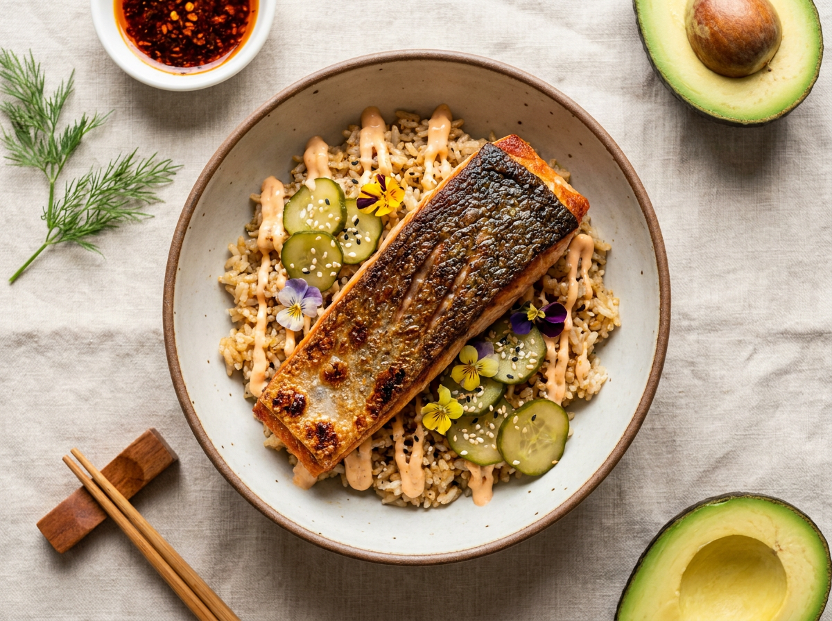 Crispy Skin Salmon Rice Bowl with Spicy Mayo Drizzle