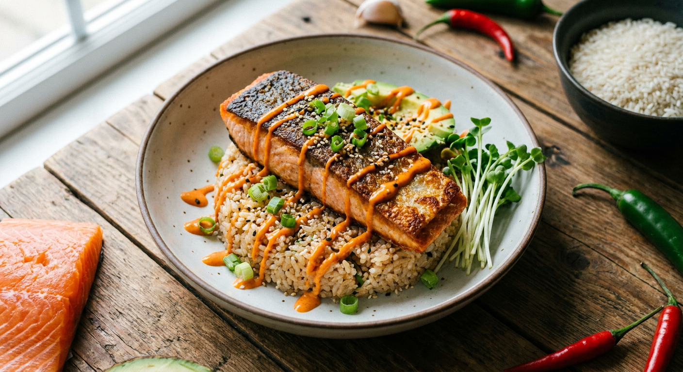 Crispy Skin Salmon Rice Bowl with Spicy Mayo