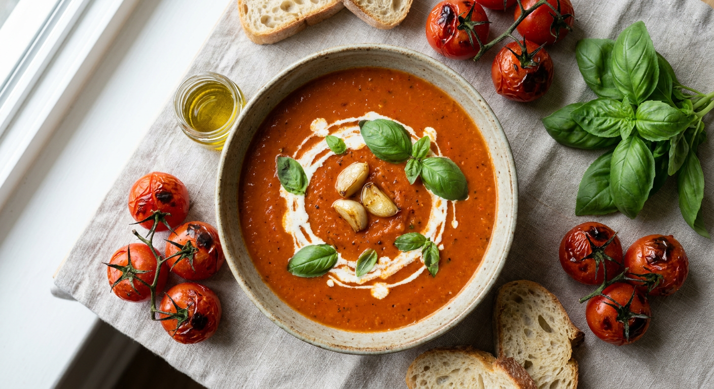 Roasted Tomato Basil Soup with Garlic Confit