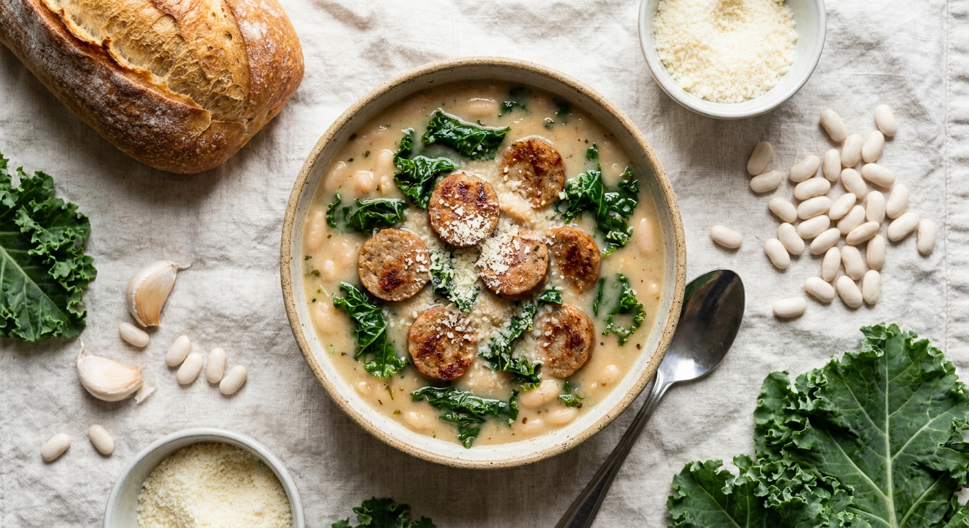 Creamy Tuscan White Bean Soup with Sausage and Kale
